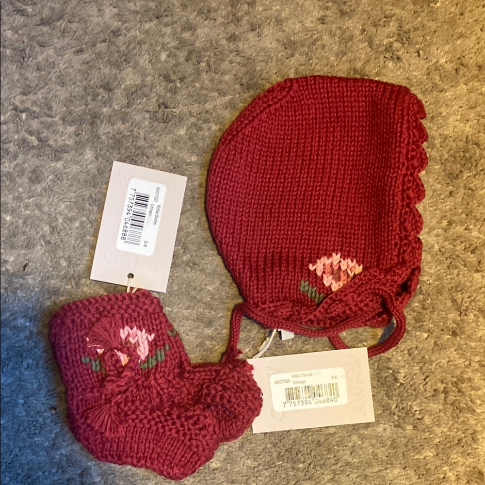 Hand-Knit Red Baby Bonnet and Booties Set